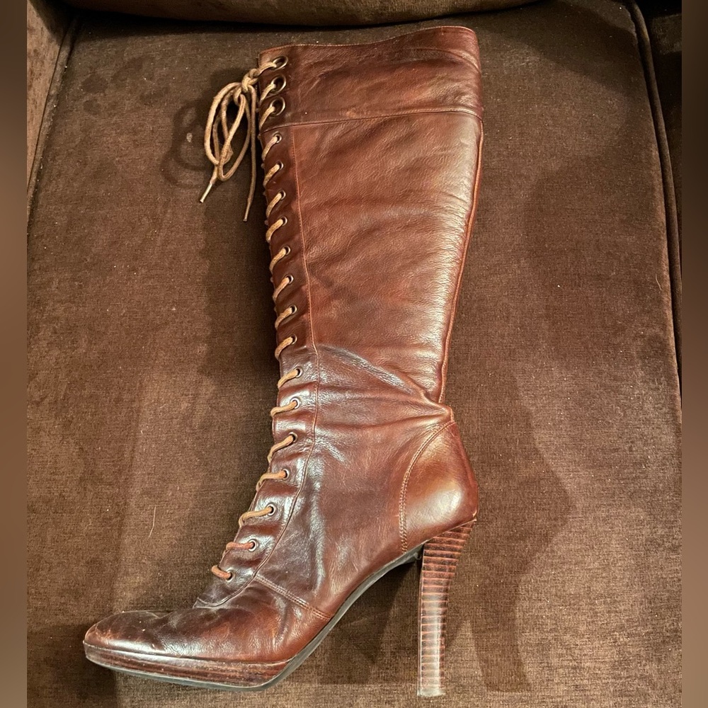 NINE WEST Knee high laced-up brown leather boots